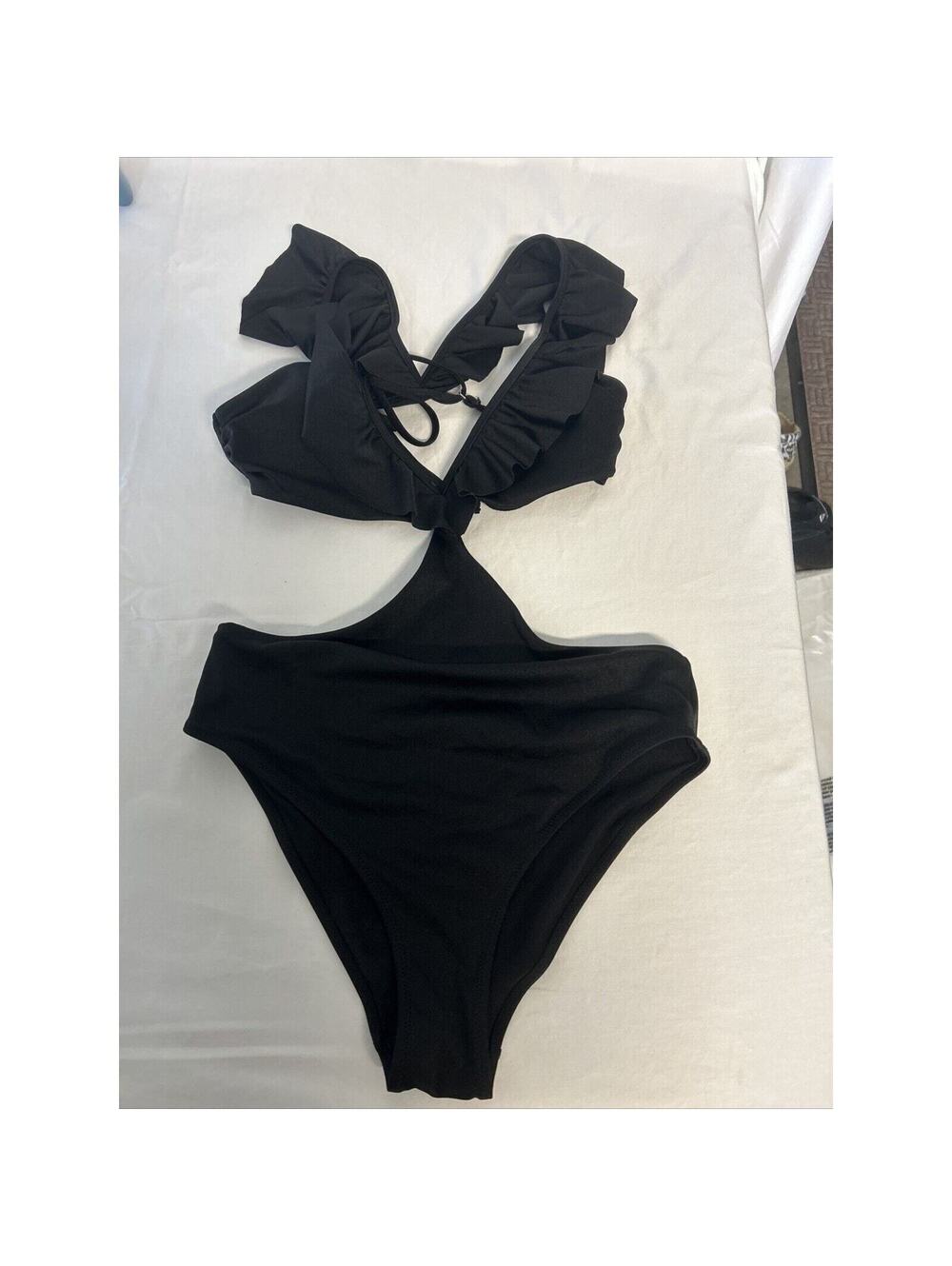 Sexy Women’s Monokini Swimsuit Black Ruffle 1 Piece Photoshoot Size Medium EUC